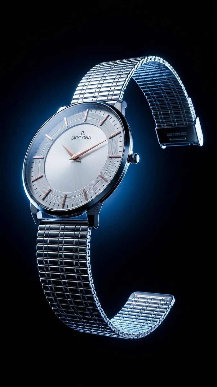 The Meridian Timepiece Polar White Silver · Rose Gold Hands