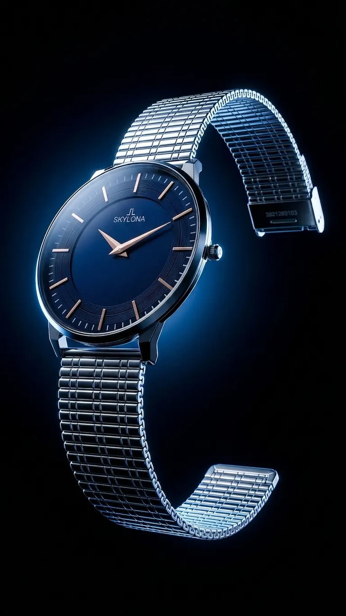 The Meridian Timepiece Midnight Deep Blue · Rose Gold Hands