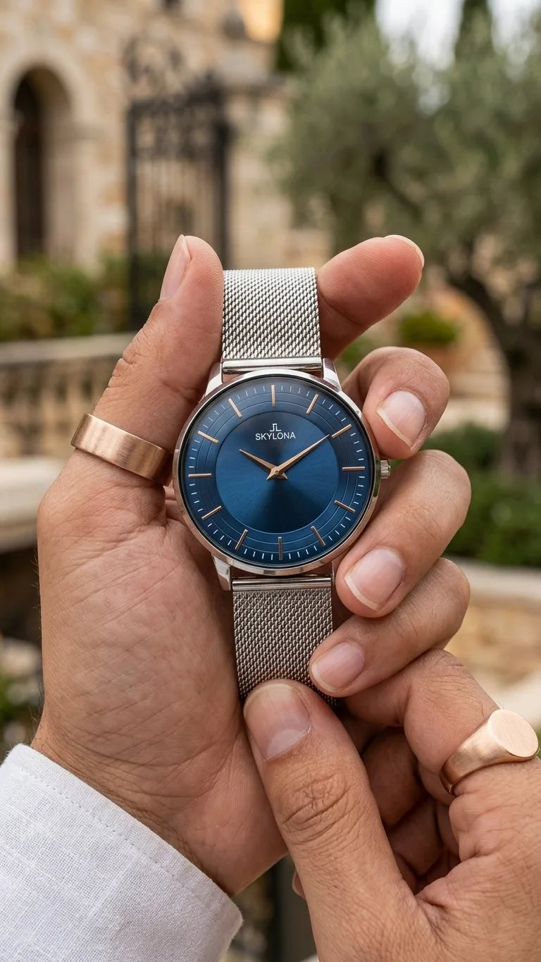 The Meridian Timepiece Midnight Deep Blue · Rose Gold Hands